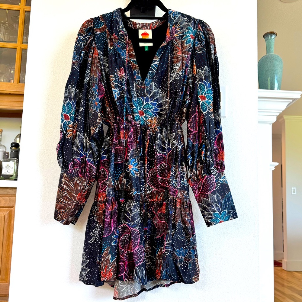Farm Rio - worn once! Black - Floral tie-neck Long Sleeve Mini Dress